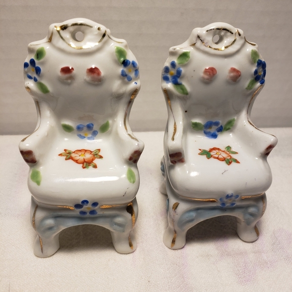 Vintage Two (2) Japan "Forget Me Nots" Porcelain Doll House Chairs - Picture 6 of 8